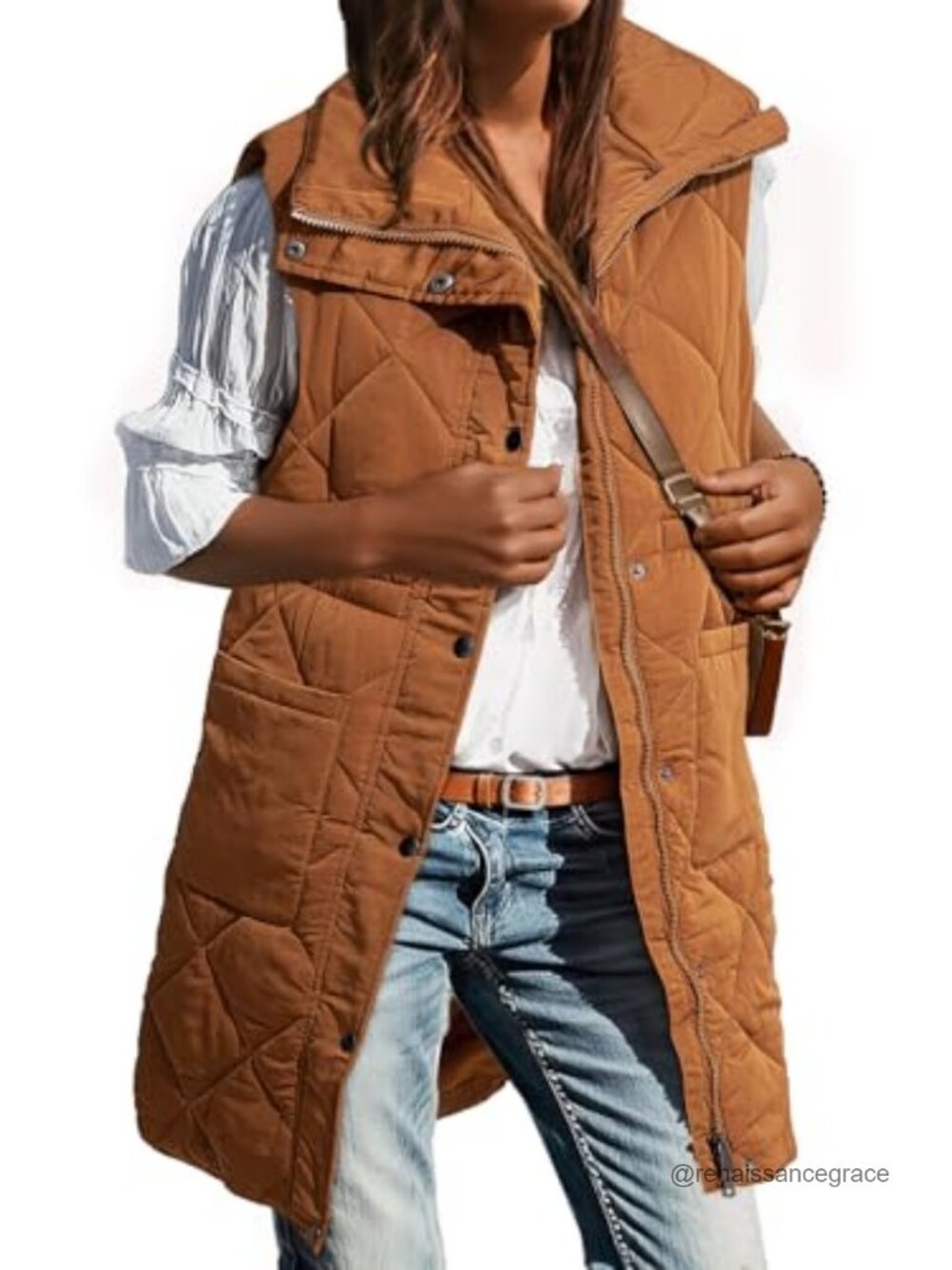 Women's Long Puffer Vest Quilted Sleeveless Snap Front Winter Coat with Pockets
